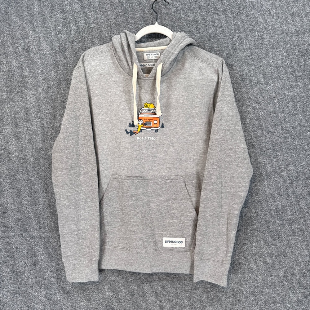 Life is Good Hoodie Men Small Gray Road Trip Van Dog Graphic Sweatshirt Pullover